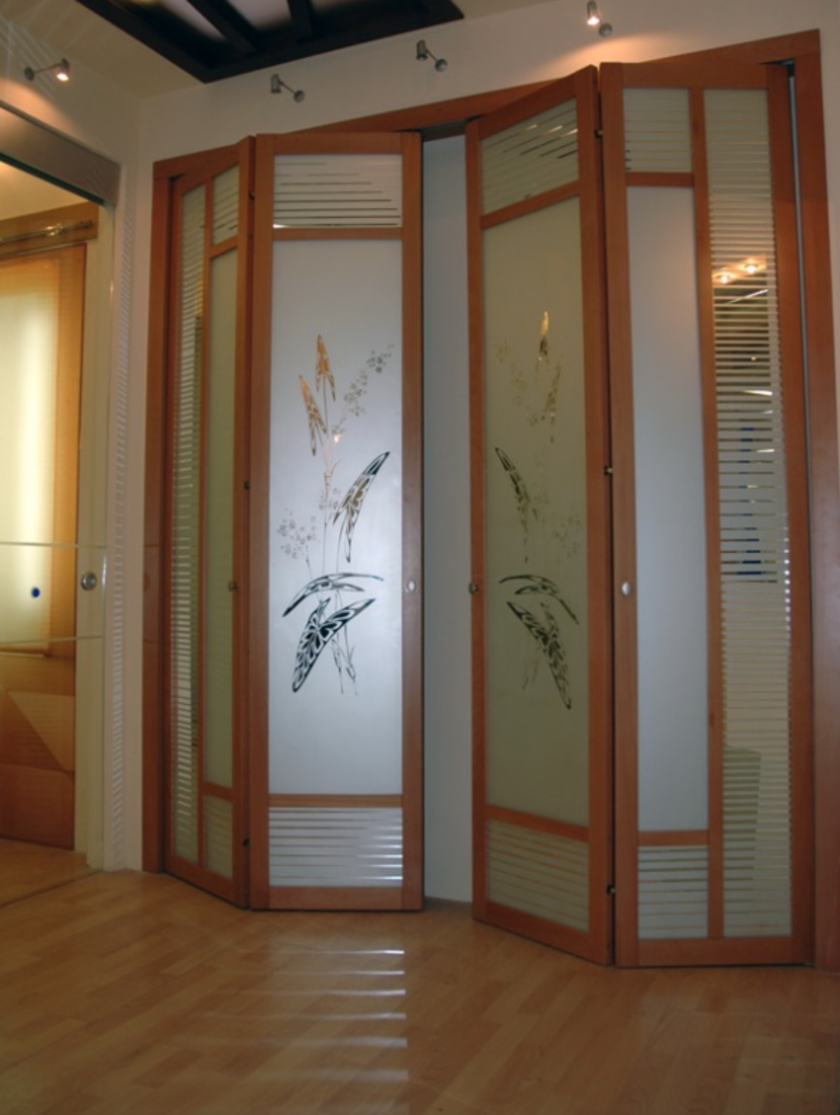 Широкие двери гармошка с матовым стеклом и рисунком Уфа