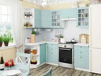 Небольшая угловая кухня в голубом и белом цвете Уфа